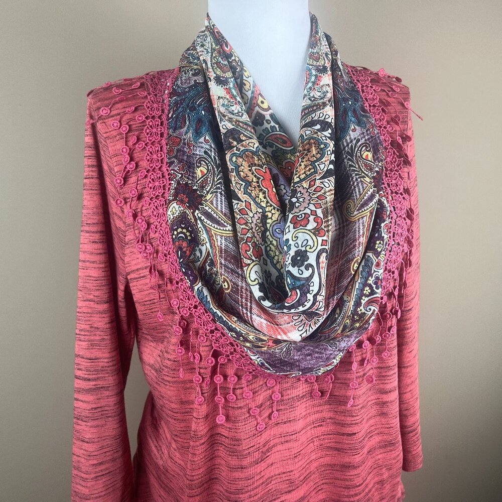 One World 3/4 Sleeve Blouse Petite Size PL, Heathered Salmon Orange